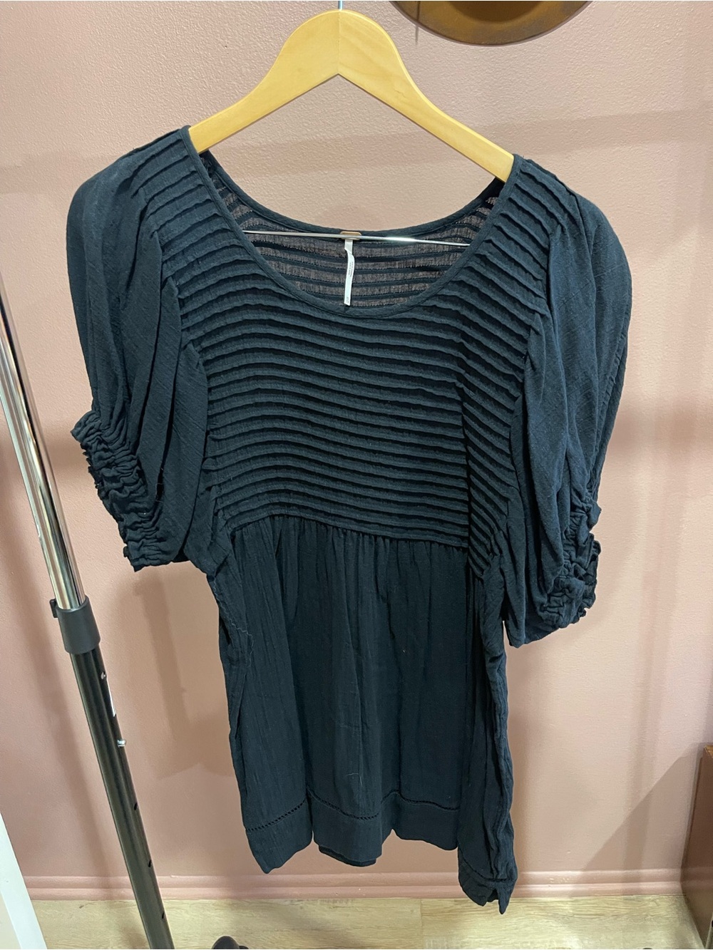 Free People Black Pintuck Puff-Sleeve Mini Dress